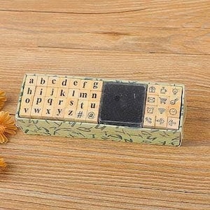 Boîte de 40 Timbres en bois alphabet et icones encre inclus pour Scrapbooking, Bullet Journal, Projets DIY, album, agenda, planificateur