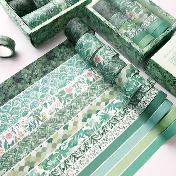 Washi Tape Green Mint - set de 12 rubans en papier japonais pour Bullet Journal, Scrapbooking, Ruban d’emballage, Bandes Washi