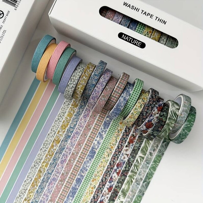 Washi Tape Thin Nature set de 20 rubans en papier japonais pour Bullet Journal, Scrapbooking, Ruban demballage, Bandes Washi image 1