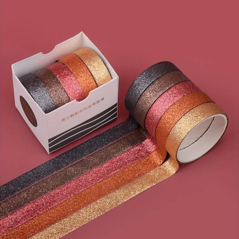 Washi Tape Glitter conjunto de 5 cintas de papel japonesas para Bullet Journal, Scrapbooking, cinta de embalaje, decoraciones, bricolaje, diario Cuivre