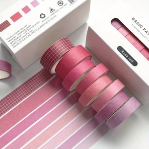 Taśma Washi Tape z podstawowym wzorem _ Rose Red - zestaw 8 wstążek _ Taśma maskująca Wstążka do Bullet Journal, Journaling, Scrapbooking, DIY, Dekoracja