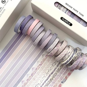 Washi Tape Thin Purple - zestaw 20 japońskich taśm papierowych do Bullet Journal, Scrapbooking, Taśma pakowa, Taśmy Washi