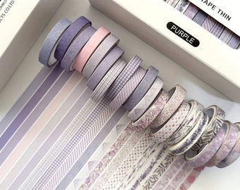 Washi Tape Thin Purple - set de 20 rubans en papier japonais pour Bullet Journal, Scrapbooking, Ruban d’emballage, Bandes Washi