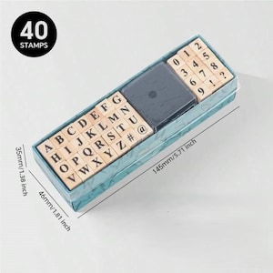 Boîte de 40 Timbres en bois alphabet majuscule et chiffres encre inclus pour Scrapbooking, Bullet Journal, Projets DIY, album, agenda