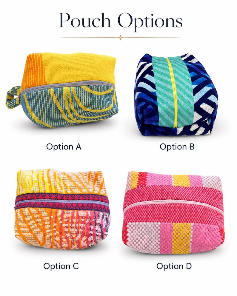 May include: Four fabric pouches labeled Pouch Options. Option A is yellow and blue with a side loop. Option B features a blue, white, and green geometric pattern with a yellow zipper. Option C is orange, pink, and purple. Option D is pink and yellow.