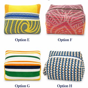 May include: Four rectangular pouches labeled Pouch Options. Option E is yellow with a blue zipper and green spiral pattern. Option F features a red and orange geometric weave. Option G has horizontal stripes of yellow, white, green, and navy. Option H is a blue and tan textured weave.