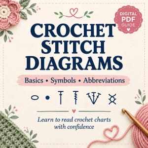 Może przedstawiać: Cyfrowy przewodnik PDF zatytułowany CROCHET STITCH DIAGRAMS zawierający sekcje dotyczące podstaw, symboli i skrótów. Okładka przedstawia różne symbole ściegów szydełkowych, różowy kłębek włóczki, drewniane szydełko oraz kwiatowe akcenty.