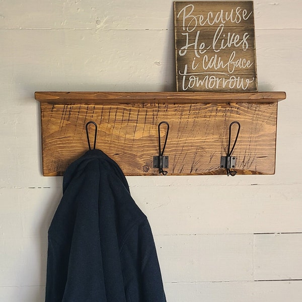 Wall Mounted Coat Rack With Wire Hooks and Decorative Shelf Rustic Farmhouse Style Distressed - Stained Wood