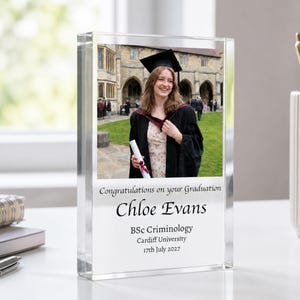 Acrylic Photo Block Personalised – Custom Graduation Photo Gift with Name, Degree & University – Freestanding Keepsake, UV Printed, 7 Sizes