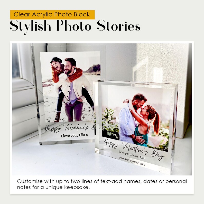 Find the perfect Valentines Day gift with Personalised Acrylic Photo Blocks. Capture your cherished moments in high quality UV printed keepsakes. Ideal for anniversaries and couples milestones. Fast dispatch, tracked delivery.