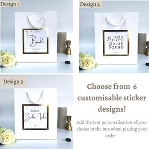 Luxury Personalised Team Bride Gift Bag and white sticker with gold foil writing and sticker. Writing says team bride with the option for adding a name and a date or location. Perfect for hen party favours and hen party gifts for your Team Bride.