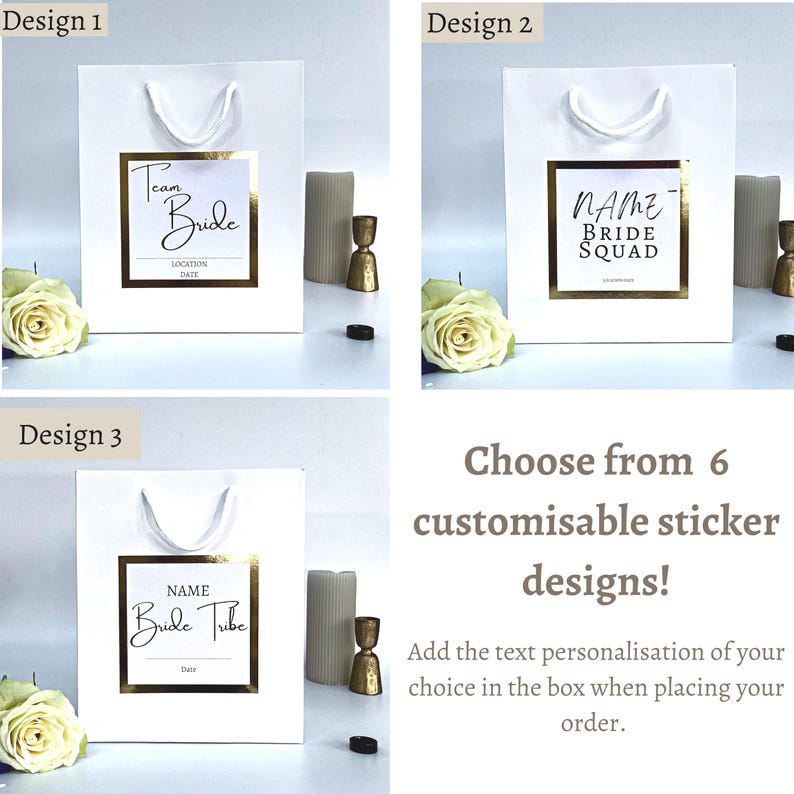 Luxury Personalised Team Bride Gift Bag and white sticker with gold foil writing and sticker. Writing says team bride with the option for adding a name and a date or location. Perfect for hen party favours and hen party gifts for your Team Bride.