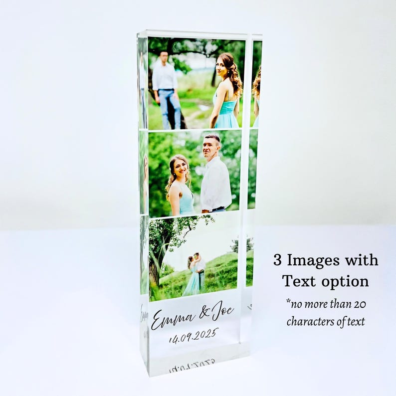 Personalised Acrylic Photo Block Anniversary Wedding Keepsake – custom photo gift for birthdays, Valentine’s Day, Mother’s Day, Father’s Day & Christmas. Choose 20 cm × 6 cm or 15 cm × 5 cm clear acrylic, UV-printed with your favourite family photo and personalised two-line message. Perfect desk or shelf décor keepsake, crafted to last and ready to gift for every special occasion
