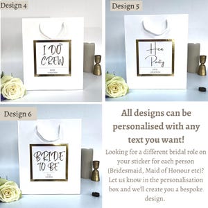 Luxury Personalised Team Bride Gift Bag and white sticker with gold foil writing and sticker. Writing says team bride with the option for adding a name and a date or location. Perfect for hen party favours and hen party gifts for your Team Bride.