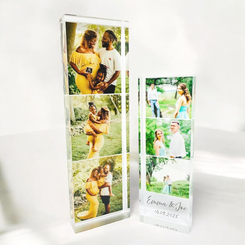 Personalised Acrylic Photo Block Anniversary Wedding Keepsake – custom photo gift for birthdays, Valentine’s Day, Mother’s Day, Father’s Day & Christmas. Choose 20 cm × 6 cm or 15 cm × 5 cm clear acrylic, UV-printed with your favourite family photo and personalised two-line message. Perfect desk or shelf décor keepsake, crafted to last and ready to gift for every special occasion