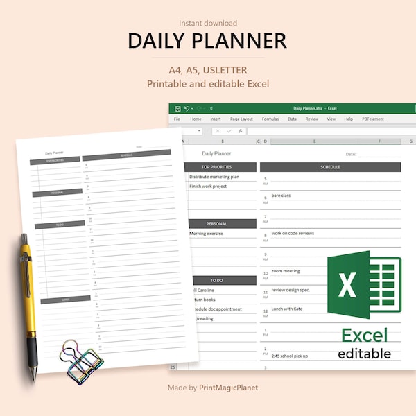 Daily Planner Printable | Everyday Planner, Daily Schedule | Template | PDF, Excel | A4/A5/Letter