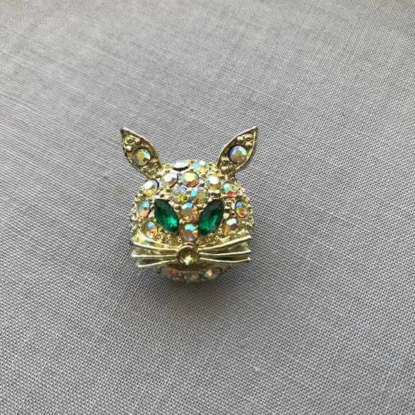 Vintage Aurora Borealis Rhinestone Cat Face Pin