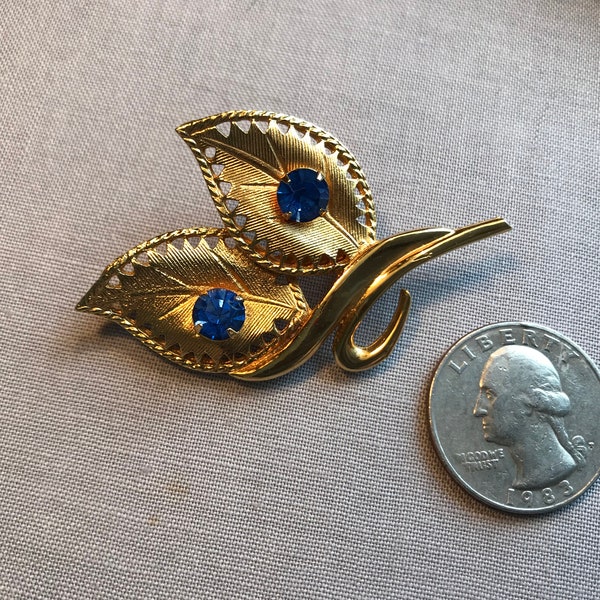 Vintage Signed Celebrity NY Gold-tone Leaf Brooch with Blue Rhinestones