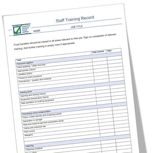 Catering Staff Training Record, HACCP form, restaurant, cafe, food safety, food hygiene.