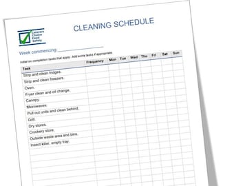 編集可能な清掃スケジュールテンプレート、HACCPフォーム、レストラン、カフェ、食品安全、食品衛生。Microsoft Word文書。