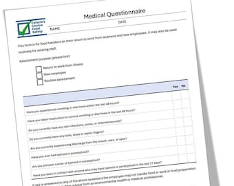 Medical Questionnaire, HACCP form, restaurant, cafe, food safety, food hygiene.