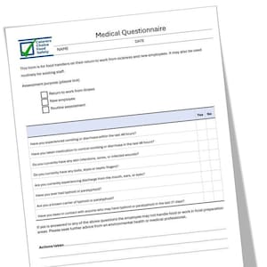 Medical Questionnaire, HACCP form, restaurant, cafe, food safety, food hygiene.