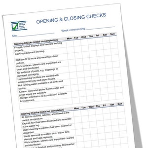 Kitchen Opening and Closing Checks, HACCP form, catering check, food safety, food hygiene, restaurant, cafe.