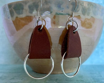 Silver and leather earrings in different colors, earrings with a silver hoop and genuine brown leather, very light, gift for women