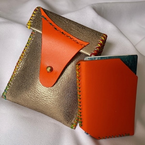 MONEDERO para monedas y billetes con tarjetero, ambos en PIEL genuina, HECHO A MANO, piel dorada, billetera unisex, dos en uno, idea de regalo única