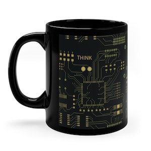 Circuit Board Mug - Think, black ceramic coffee mug, it gift, computer engineer mug, computer science gift, programmer mug