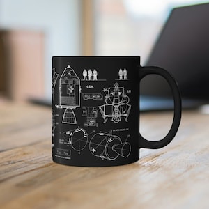 Taza de ciencia de cohetes, módulo lunar de la nave espacial Apolo, astronauta, viaje espacial, dibujos técnicos, taza de exploración espacial, regalo de profesor de ciencias