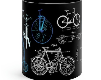 Vintage Bicycle Patents Black Ceramic Mug, Cycling Gift