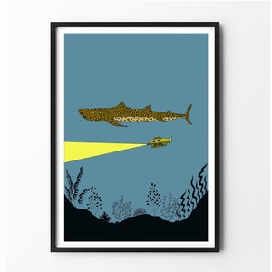 Life Aquatic Art Print, Wes Anderson Wasserposter, Jaguar Hai Print, Steve Zissou, Ozean Print, Unterwasser Print, blaue Wandkunst