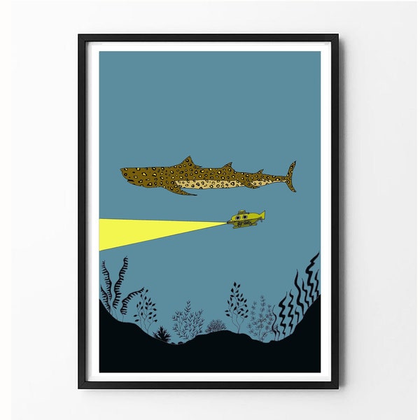 Life Aquatic Art Print, Wes Anderson gift, aquatic poster, jaguar shark print, Steve Zissou, ocean print, underwater print, blue wall art