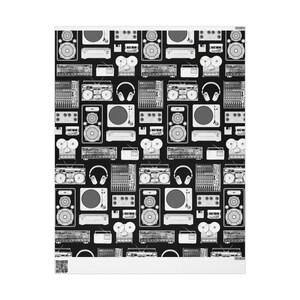 May include: A black and white seamless pattern featuring various vintage audio equipment, including cassette players, turntables, reel-to-reel tape players, and headphones.