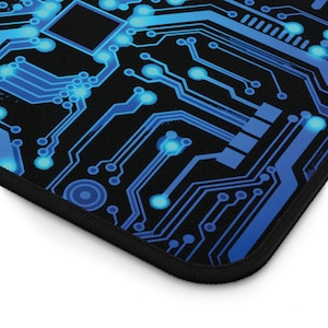 Blue Circuit Board Desk Mat - tech gift, gaming mouse pad, computer desk accessories, computer desk mat, home and office decor