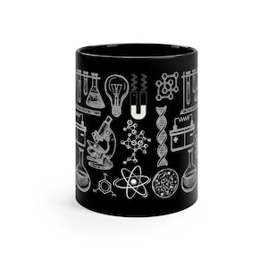 Science Mug, black ceramic coffee mug, chemistry gift, physics mug, biology mug, science gift, science graduation gift, teacher gift
