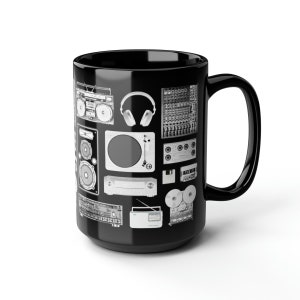 May include: Black ceramic mug with a white design of vintage audio equipment, including a boombox, headphones, a turntable, a mixer, and cassette tapes.