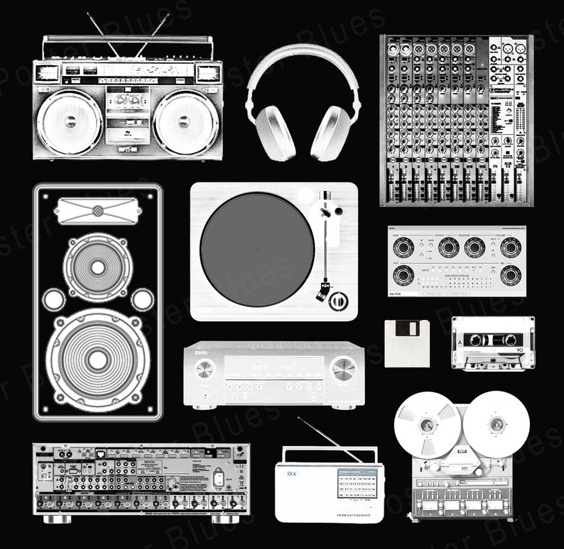 May include: A collection of vintage audio equipment, including a boombox, a turntable, a cassette player, a reel-to-reel tape recorder, a pair of headphones, and a mixer.
