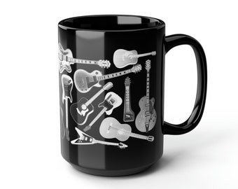 Taza de cerámica negra con colección de guitarras, regalo para músicos