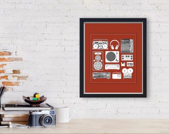 Retro Music Gear Poster Druck, Aufnahmestudio Kunst, Musikzimmer Dekor, Dj Wandkunst, Musikstudio Kunstwerk, Musiker Geschenk, Musikliebhaber Geschenk
