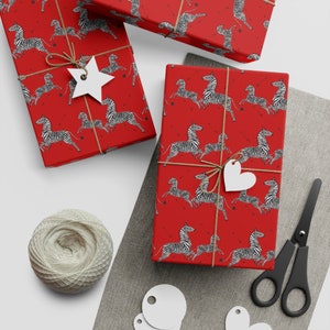 Margot Tenenbaum&#39;s Wrapping Paper, Zebra gift wrap, Wes Anderson gift wrap, hand drawn zebras, red wrapping paper, Christmas gift wrap