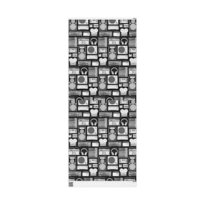 May include: A black and white seamless pattern featuring various vintage audio equipment, including cassette players, turntables, speakers, and headphones.