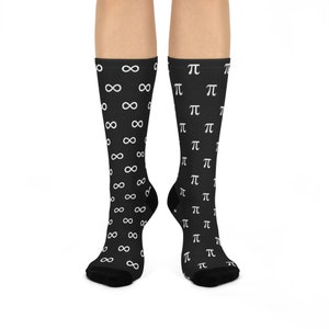 Infinity/Pi socks, unisex mathematics gift, mismatched socks, science gift, cushioned crew socks, math socks for men and women, black socks