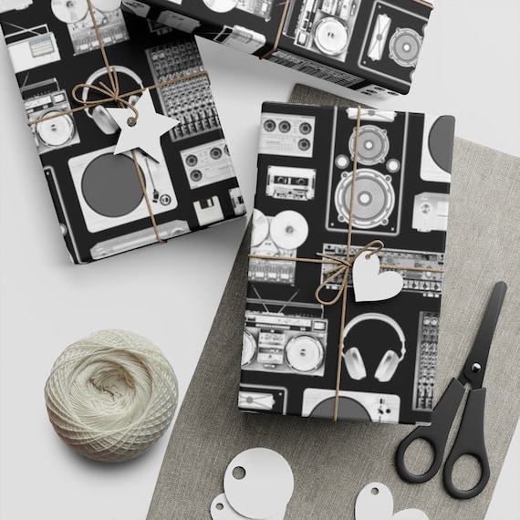 Retro Music Gear Wrapping Paper, music gift, black & white gift wrap, sound engineer gift, gift for music lover/musician/dj/music teacher