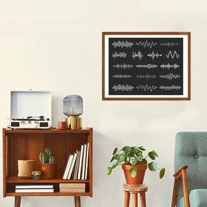 K&ouml;nnte beinhalten: Ein gerahmter Druck mit schwarzem Hintergrund und wei&szlig;en Schallwellenmustern. Der Rahmen ist aus braunem Holz und der Druck h&auml;ngt an einer wei&szlig;en Wand.
