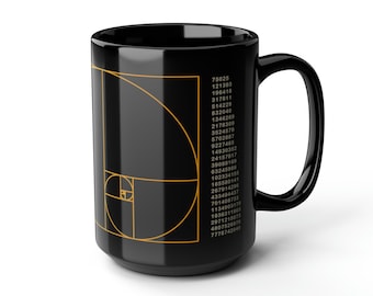 Fibonacci Mug, mathematics mug, Fibonacci Spiral, Fibonacci Sequence, math gift, black ceramic mug, math lover, math teacher gift