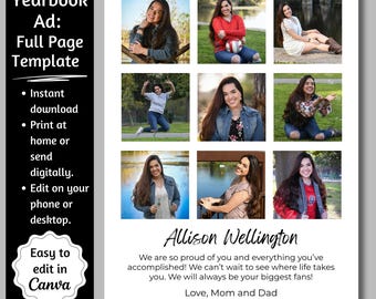 Full Page Senior Yearbook Ad Template, Yearbook Full Page, 8.5x11 Senior Tribute, Editable Canva Parent Yearbook Ad, 9 Photo Collage
