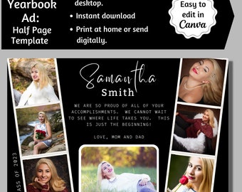 Half Page Senior Yearbook Ad, Photo Strips Yearbook Ad, Senior Tribute Ad, Editable Yearbook Ad, High School Yearbook Canva Template