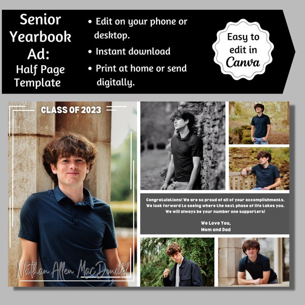 Senior Yearbook Ad, Half Page Senior Yearbook Ad, Senior Tribute Ad, Editable Yearbook Ad, Half Page Yearbook Template, Yearbook Ad Canva